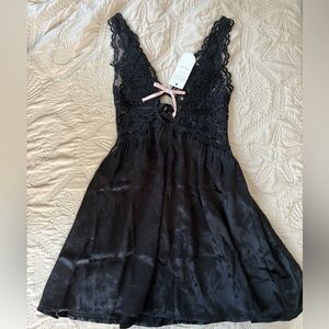For Love And Lemons Black Lace Chemise with Pink Bow